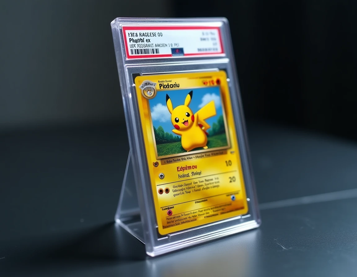Carte Pikachu ex Étincelles Déferlantes gradée PSA 10 dans son slab en plastique rigide posée sur une surface sombre