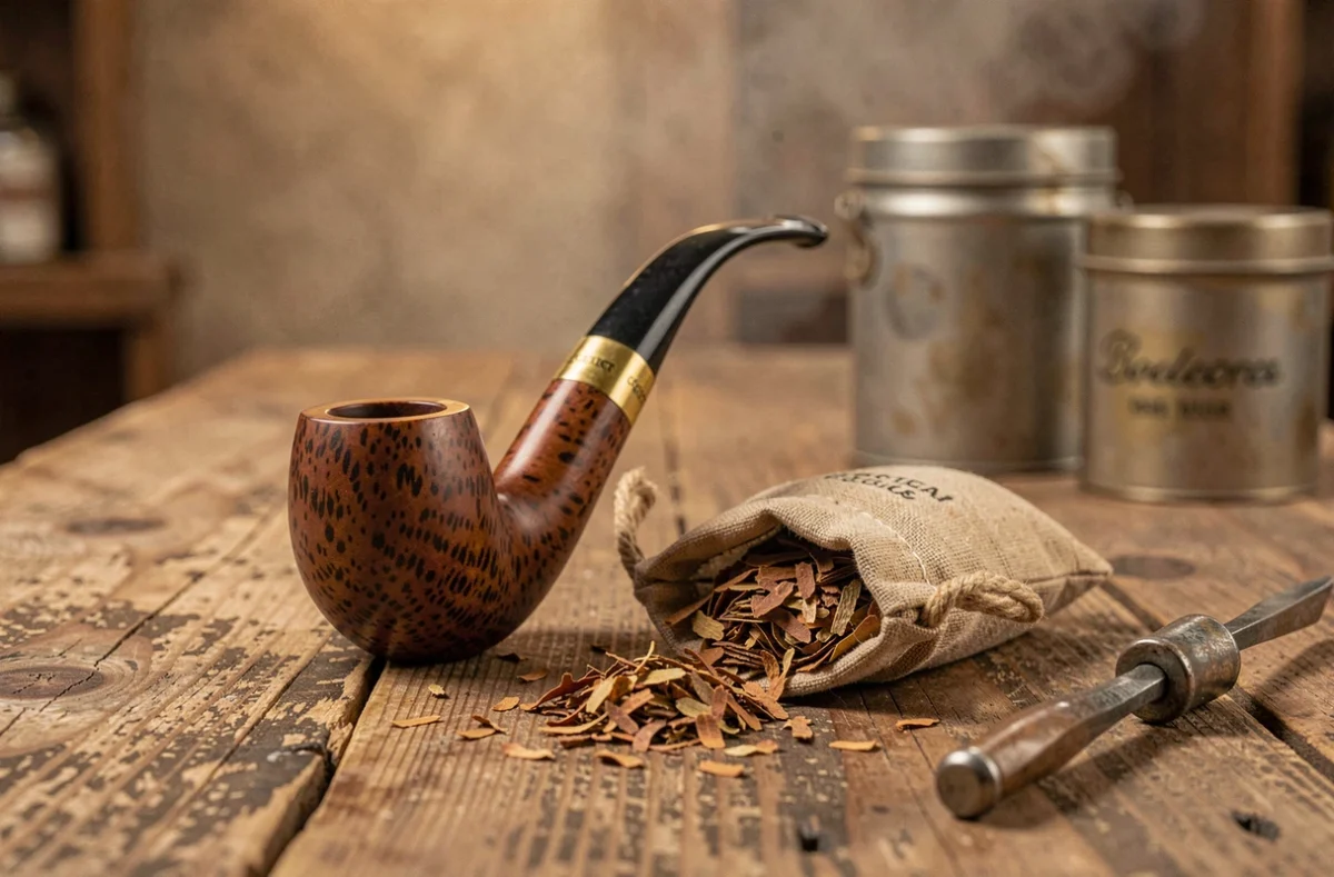 Gros plan d'une pipe en écume de mer et d'une blague à tabac sur une table en chêne rustique
