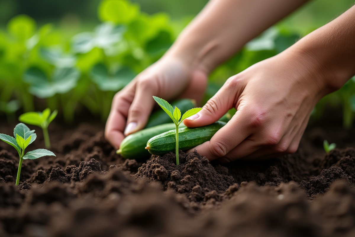 Main plantant des jeunes plants de concombre dans un sol riche