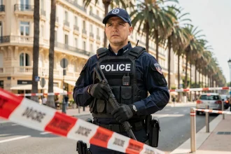 Policier français en tenue tactique derrière un périmètre de sécurité sur la Croisette à Cannes lors d'une alerte à la bombe