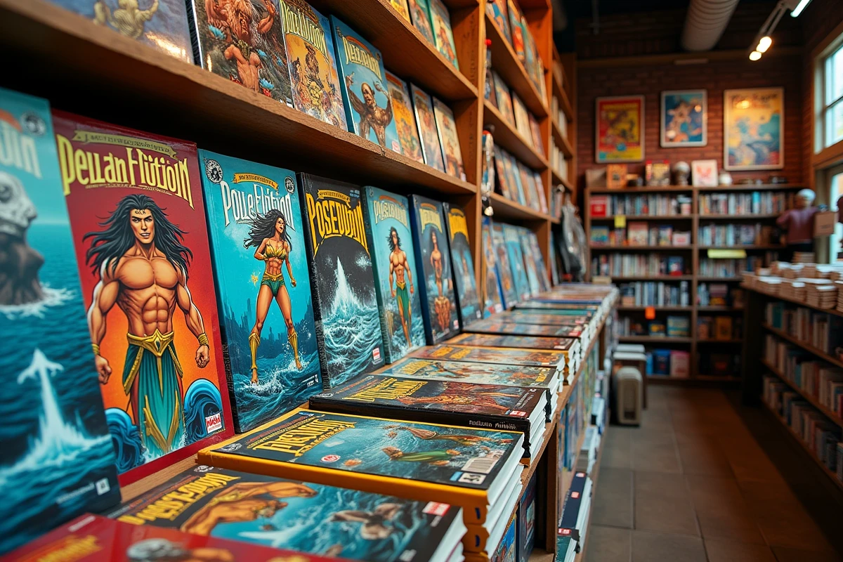 Figurines et bandes dessinées inspirées de Poséidon dans une boutique de culture pop
