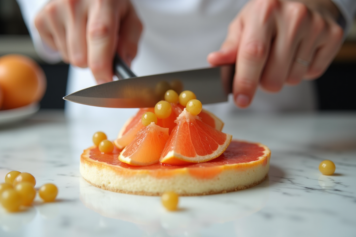 Chef préparant un dessert avec agrumes et baies sur plan de travail