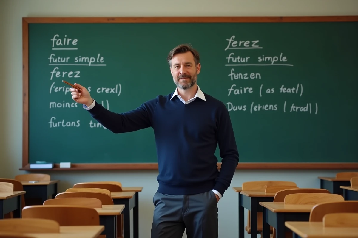 Professeur de français expliquant la conjugaison du futur simple au tableau avec la forme verbale ferez