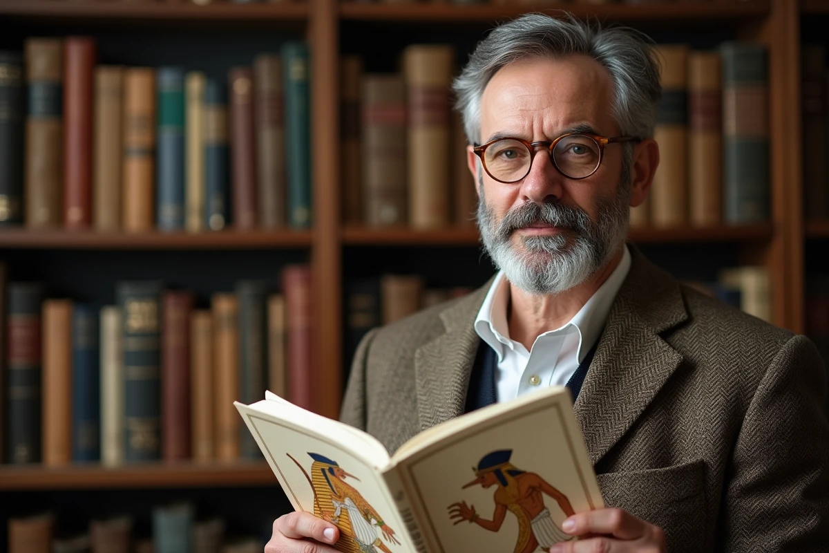 Professeur d'histoire ancienne tenant un livre sur les dieux messagers dans l'Antiquité grecque et égyptienne