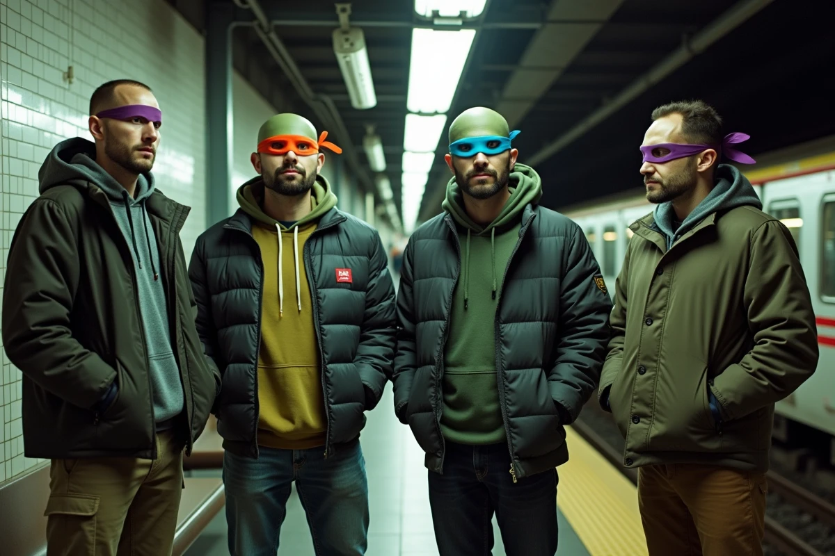 Quatre hommes en streetwear évoquant les Tortues Ninja dans une station de métro