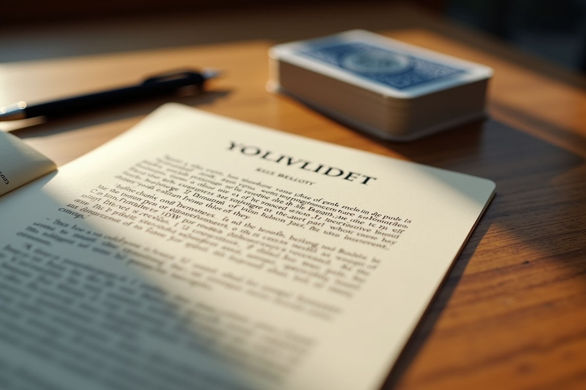 Livre de règles de belote ouvert avec cartes et stylo sur la table