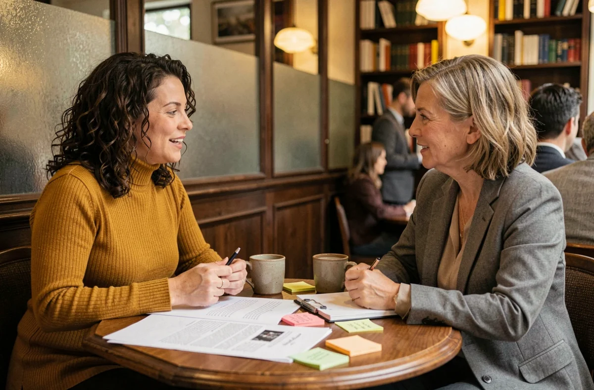 Autrice et éditrice en réunion éditoriale dans un café parisien discutant de la ligne éditoriale d'un projet littéraire