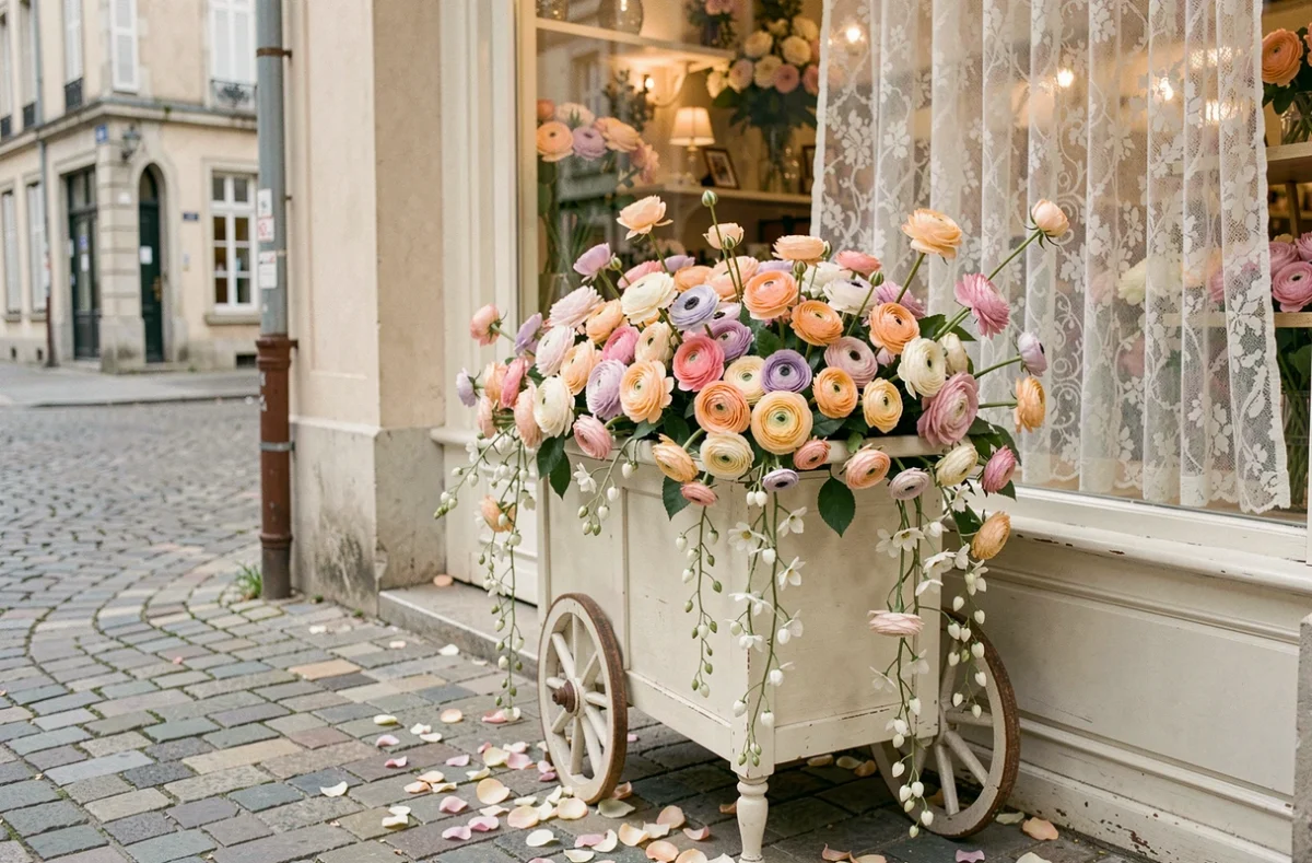 Vitrine onirique de Rêves en Fleurs avec un chariot antique débordant de roses, renoncules et jasmins en teintes pastel