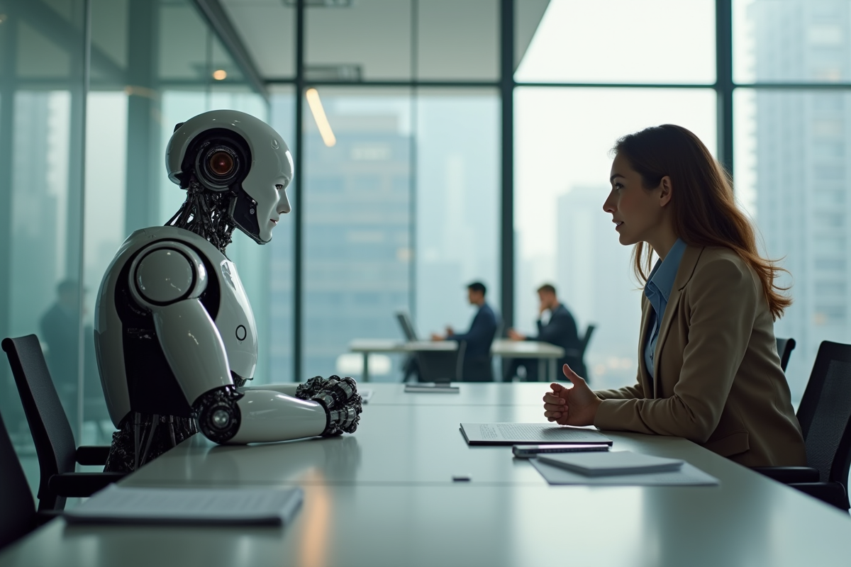 Robot humanoide discutant avec une femme dans un bureau moderne