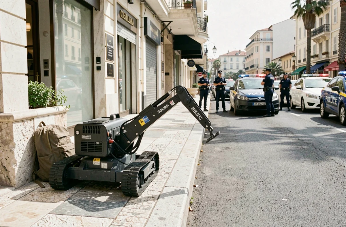 Robot démineur intervenant sur un bagage suspect devant un hôtel à Cannes lors d'une opération de neutralisation d'alerte à la bombe