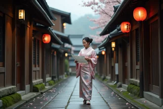 Rue traditionnelle japonaise à Kyoto avec maisons en bois et femme en kimono tenant une carte