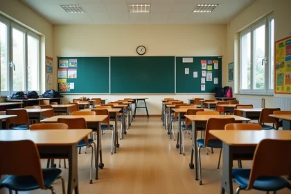 Salle de classe vide pendant une grève des enseignants avec bureaux et chaises inoccupés