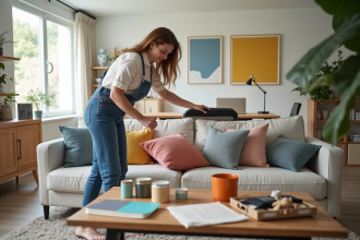 Salon moderne en cours de décoration avec décorateur et coussins