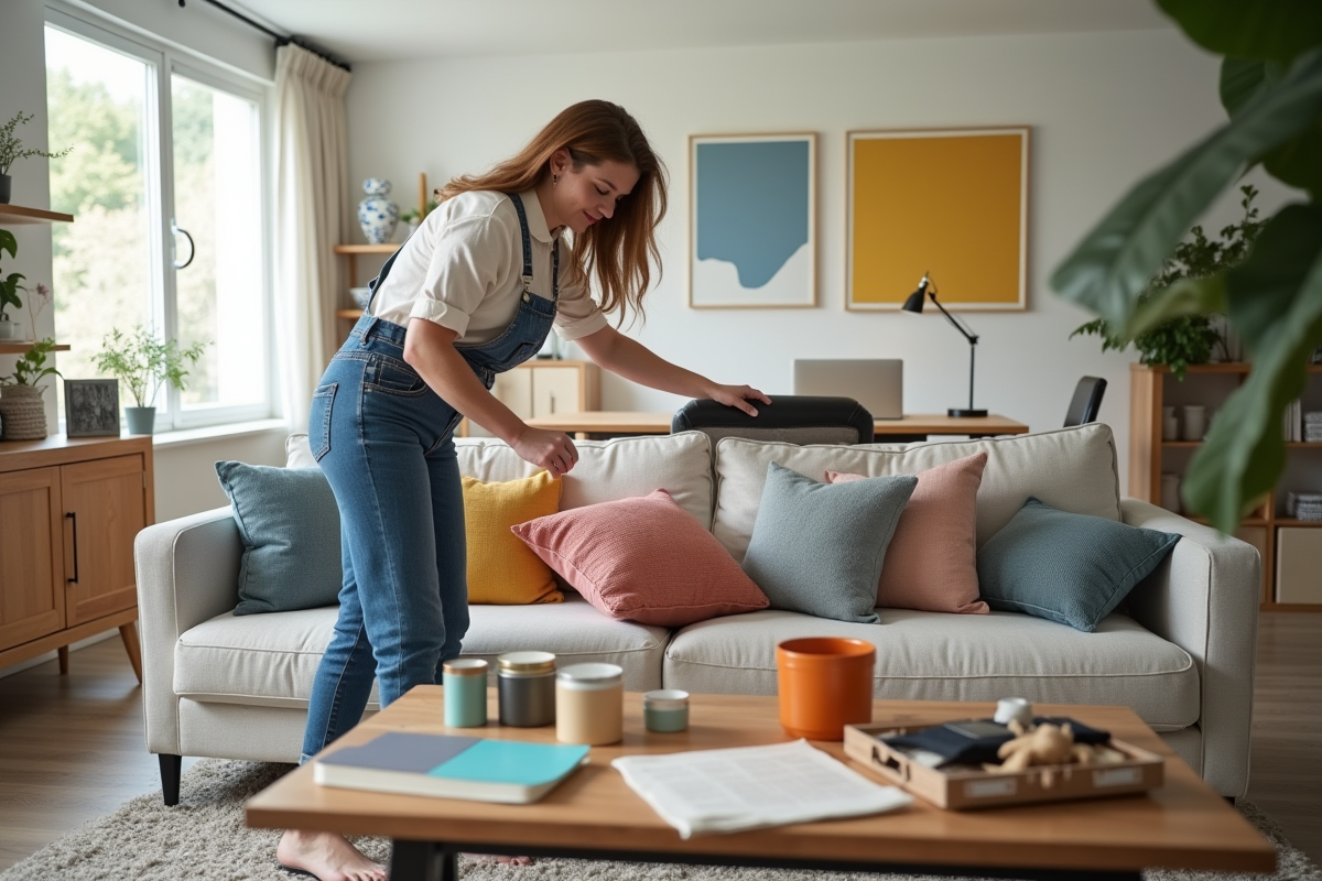 Salon moderne en cours de décoration avec décorateur et coussins