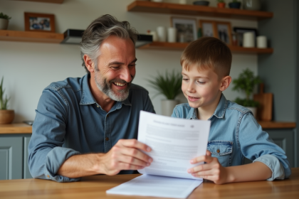Homme souriant avec un adolescent dans une cuisine chaleureuse