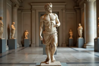 Sculpture en marbre d'Hermès messager des dieux dans une galerie de musée néoclassique