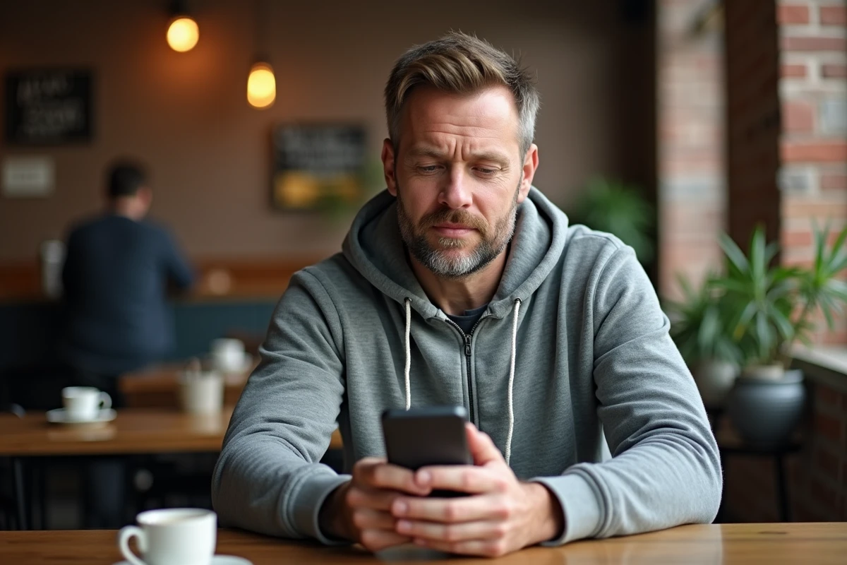 Homme consultant les paramètres de sécurité de Fusov sur smartphone dans un café urbain