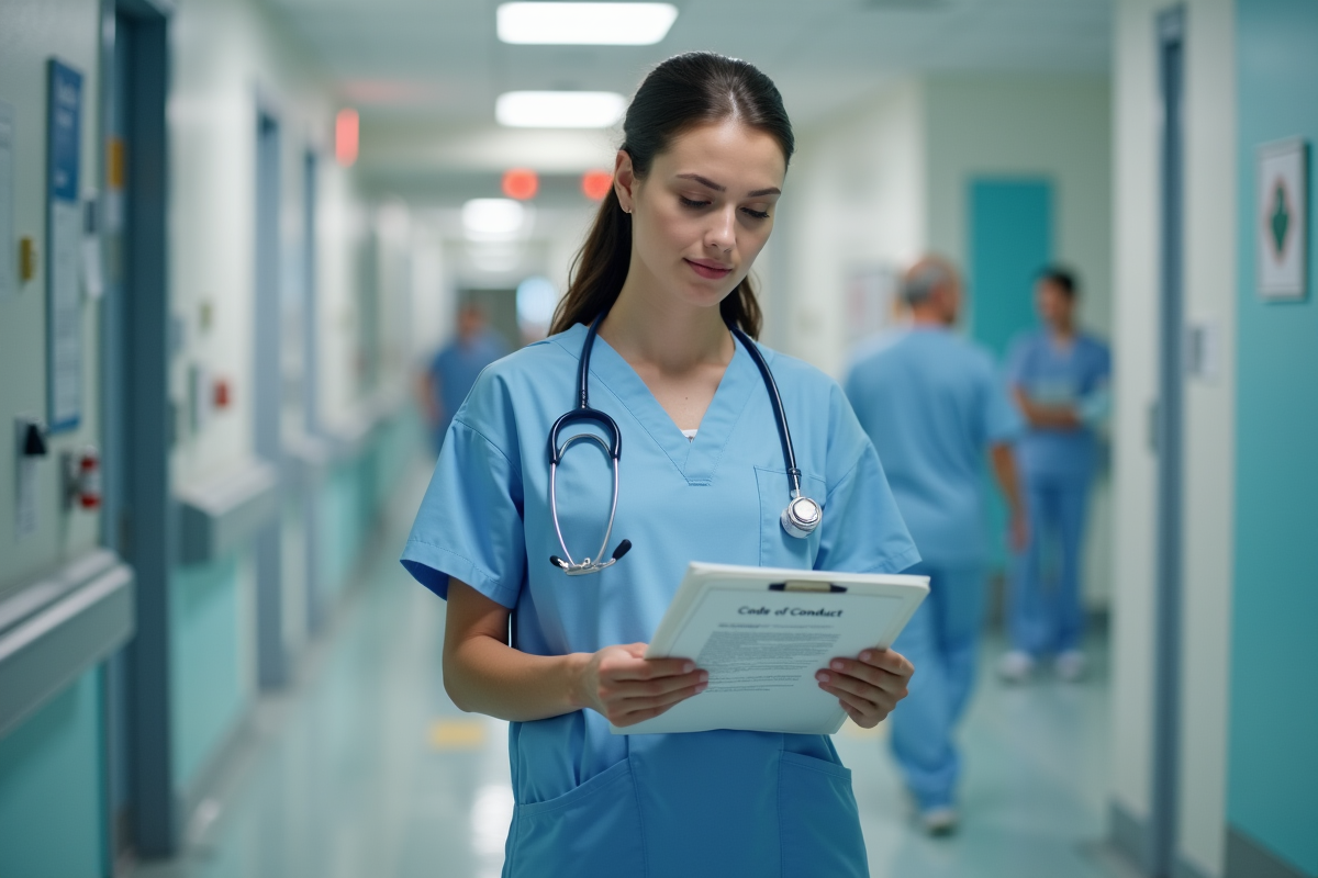 Jeune soignante en blouse consultante dans un hôpital moderne