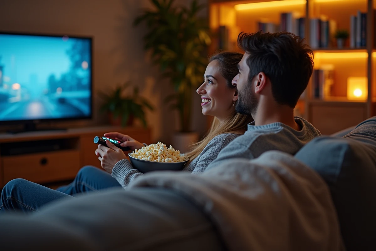 Couple installé dans leur salon pour une soirée cinéma avec popcorn et télécommande devant un grand écran de télévision