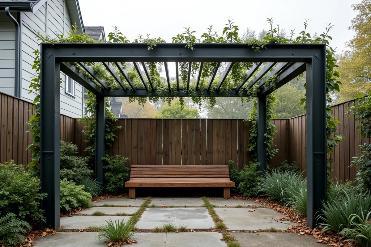 Structure de jardin extérieure construite en tubes rectangulaires en aluminium résistant aux intempéries, avec plantes grimpantes et mobilier de terrasse