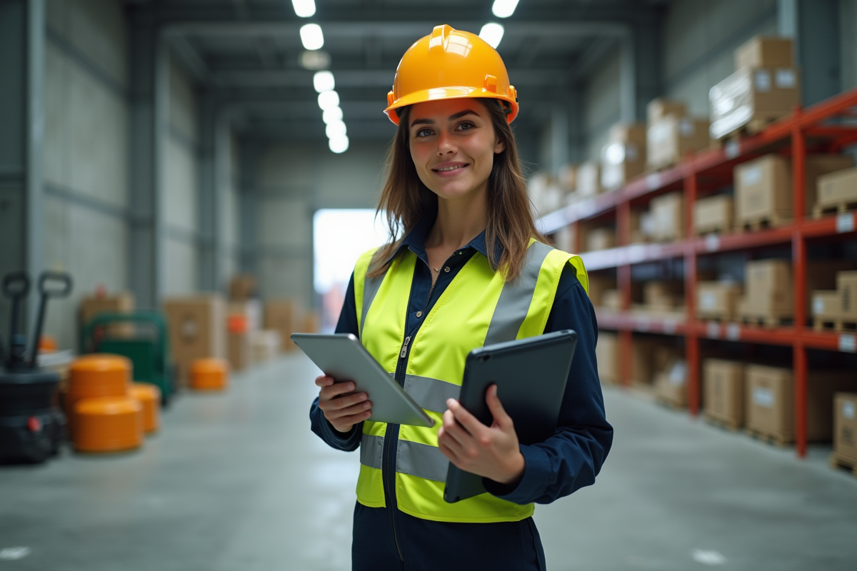 Jeune femme superviseure en tenue de chantier moderne