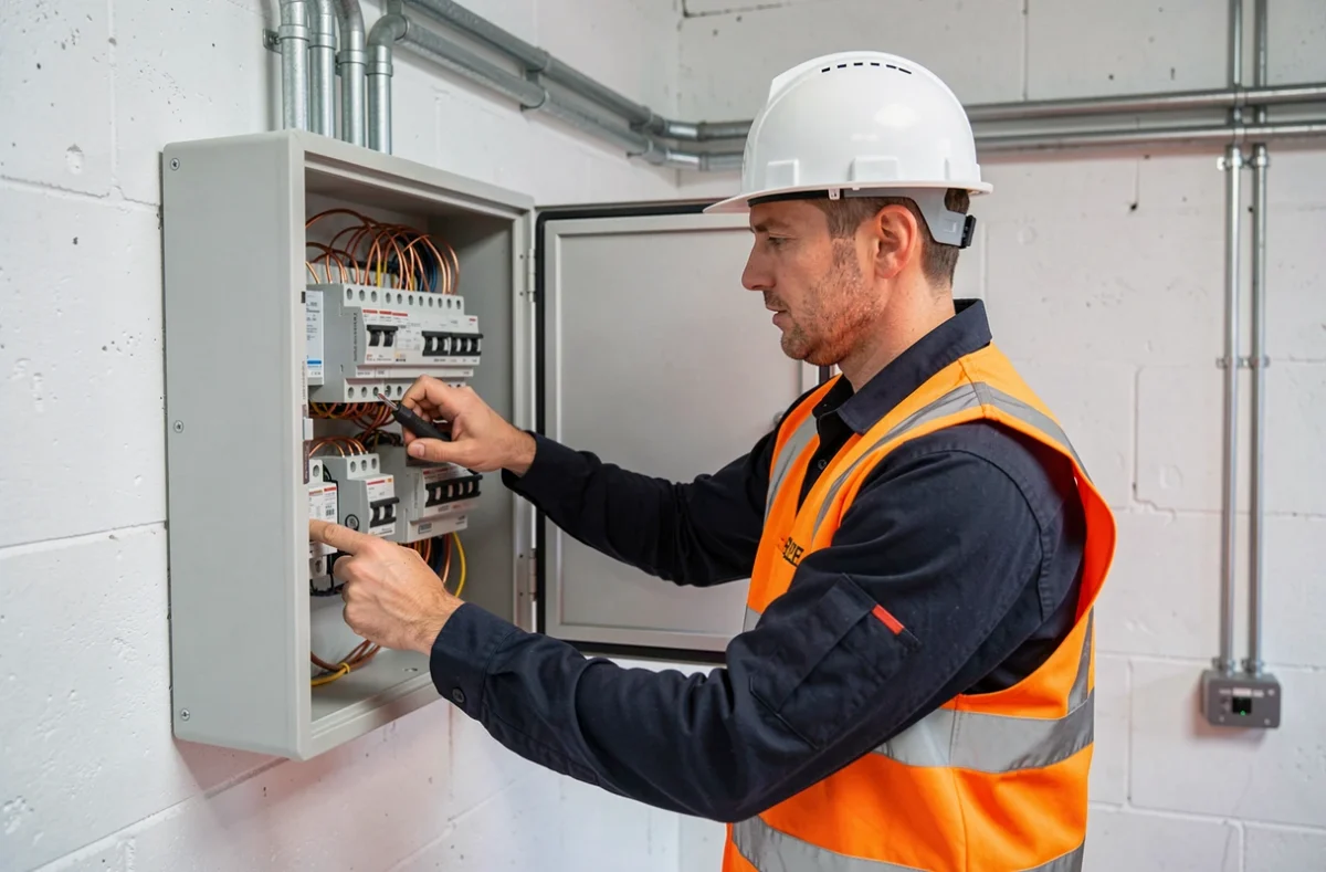 Électricien de SWO Énergie intervenant sur un tableau électrique à Dolus-d'Oléron