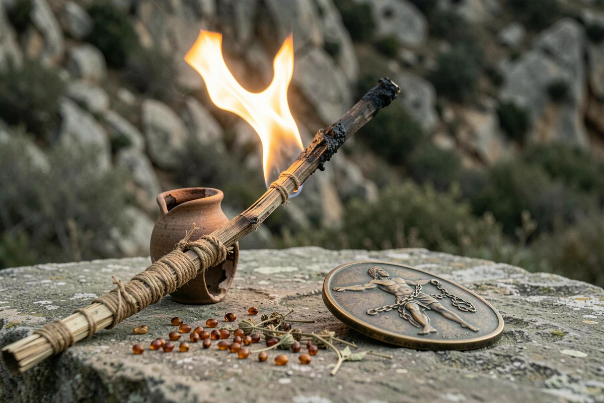 Nature morte avec torche allumée et objets mythologiques évoquant le symbole du feu de Prométhée