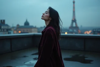 Jeune femme en manteau de velours sombre sur un toit parisien sous la pluie, évoquant l'univers poétique et électrique de Zaho de Sagazan