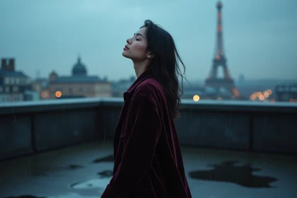 Jeune femme en manteau de velours sombre sur un toit parisien sous la pluie, évoquant l'univers poétique et électrique de Zaho de Sagazan
