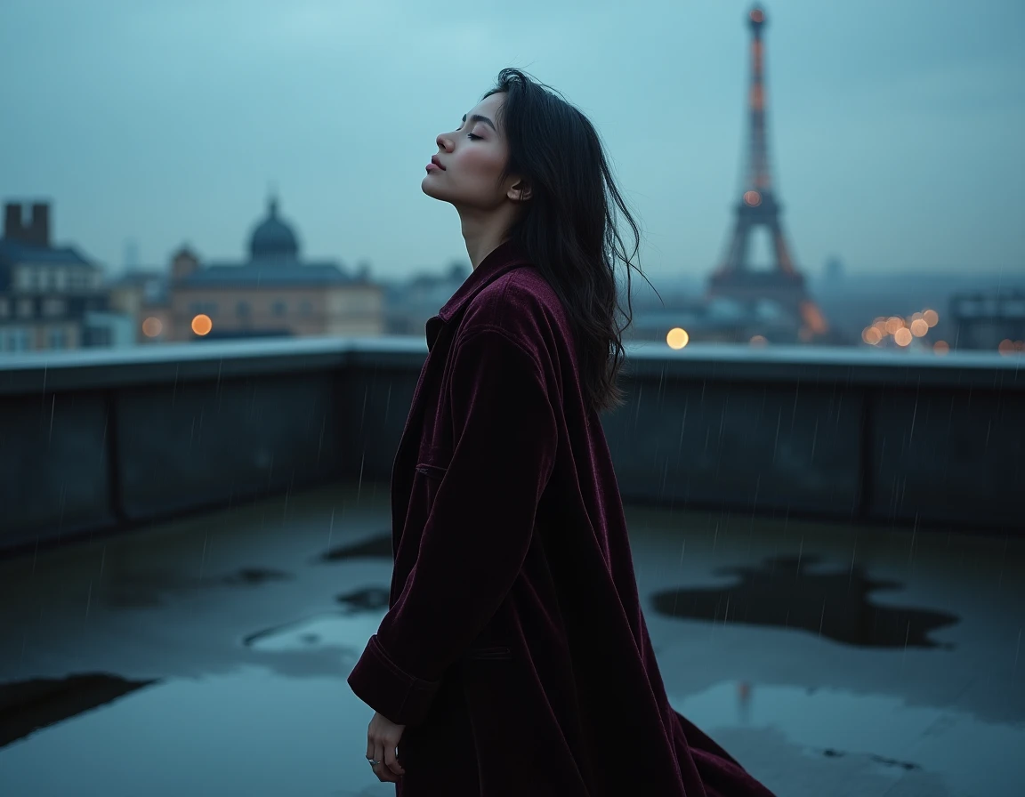 Jeune femme en manteau de velours sombre sur un toit parisien sous la pluie, évoquant l'univers poétique et électrique de Zaho de Sagazan