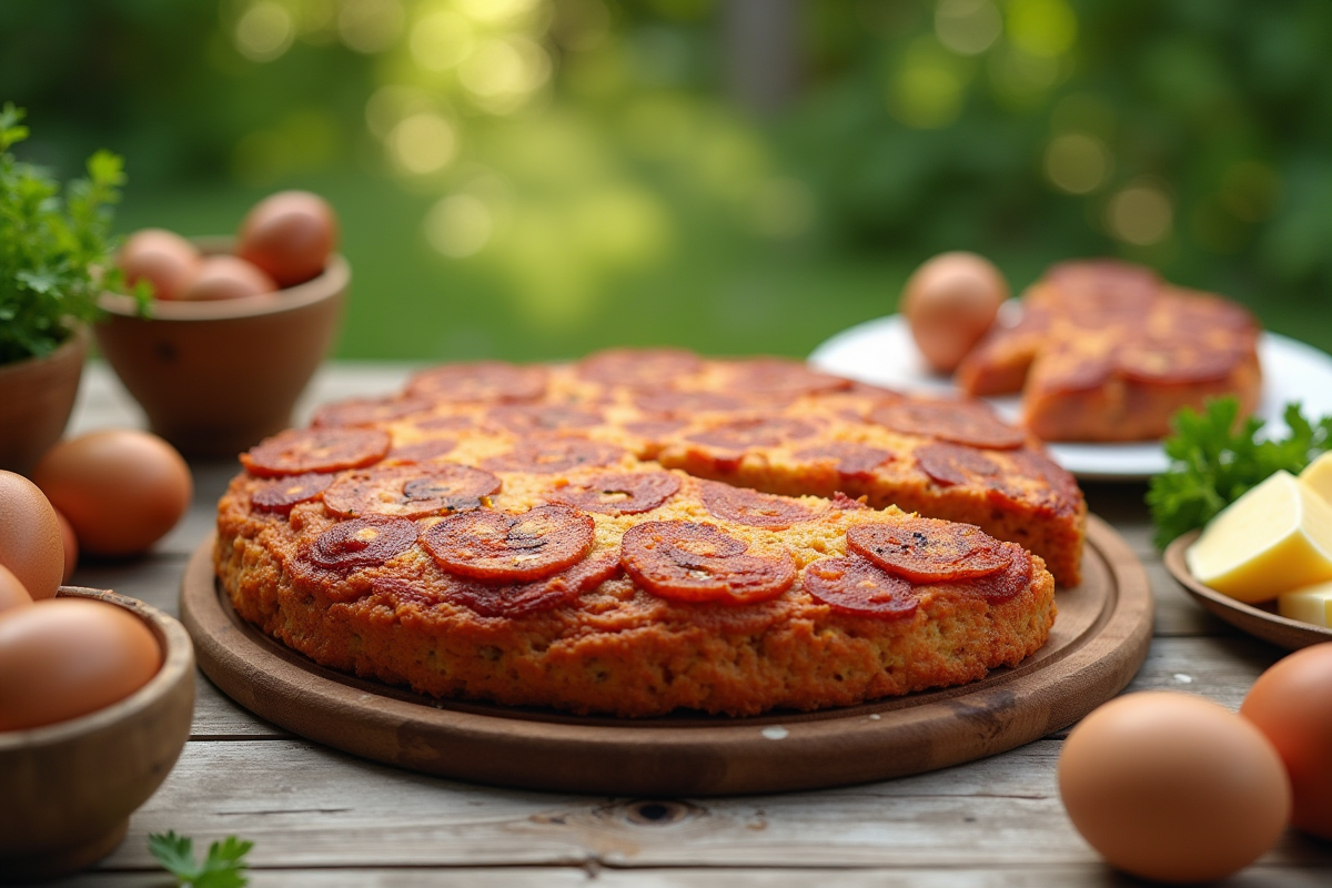 Gâteau au chorizo entier sur table de pique-nique