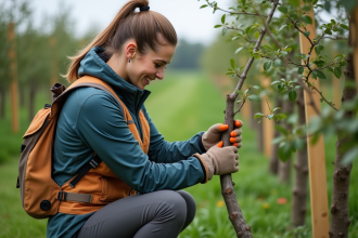 Femme en extérieur attachant une branche à un jeune arbre fruitier