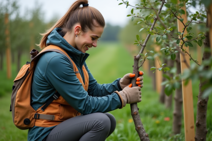 Femme en extérieur attachant une branche à un jeune arbre fruitier