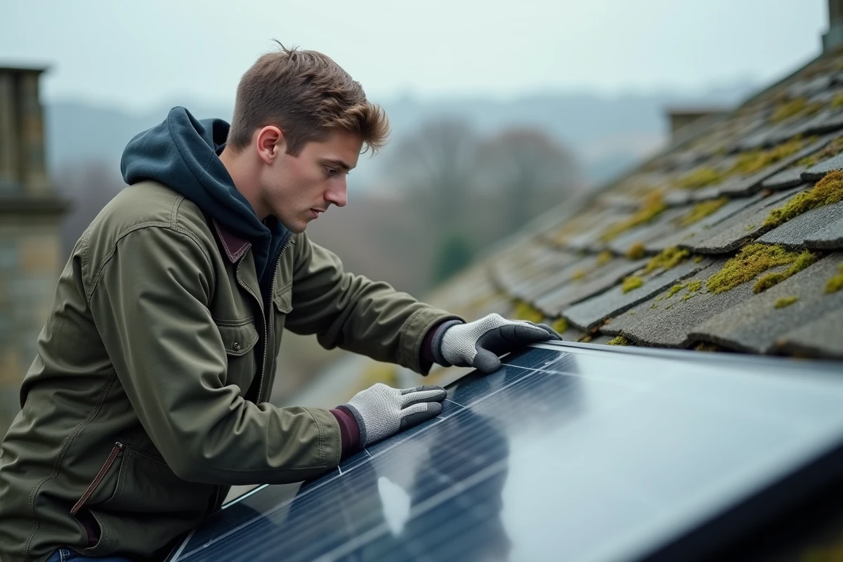 Jeune technicien ajustant un panneau solaire sur un toit en ardoise