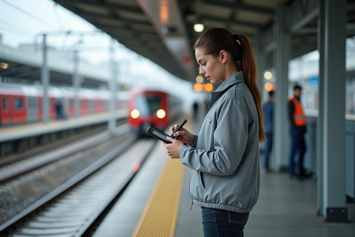 Jeune technicienne utilisant une tablette sur une plateforme de transit