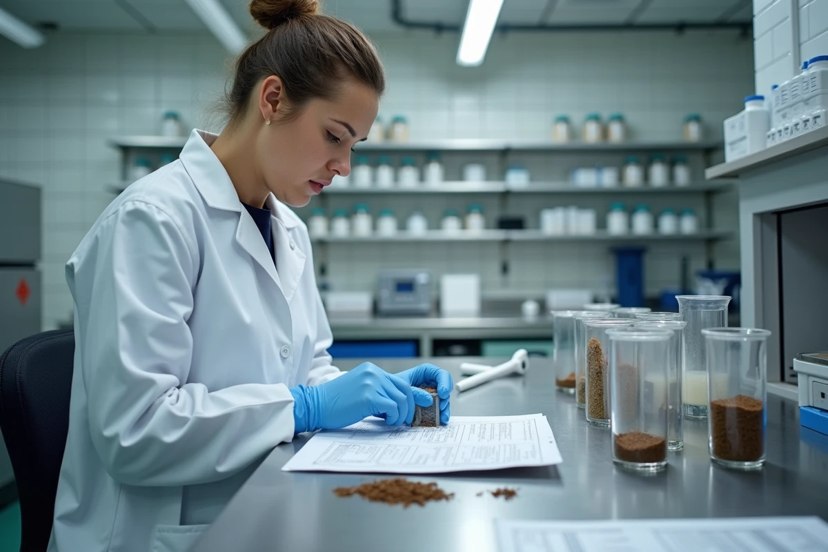 Technicienne en laboratoire géotechnique réalisant une analyse granulométrique sur un échantillon de sol