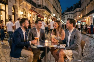 Groupe d'amis profitant d'une terrasse de boîte de nuit en centre-ville de Perpignan