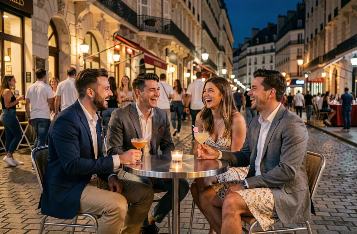 Groupe d'amis profitant d'une terrasse de boîte de nuit en centre-ville de Perpignan