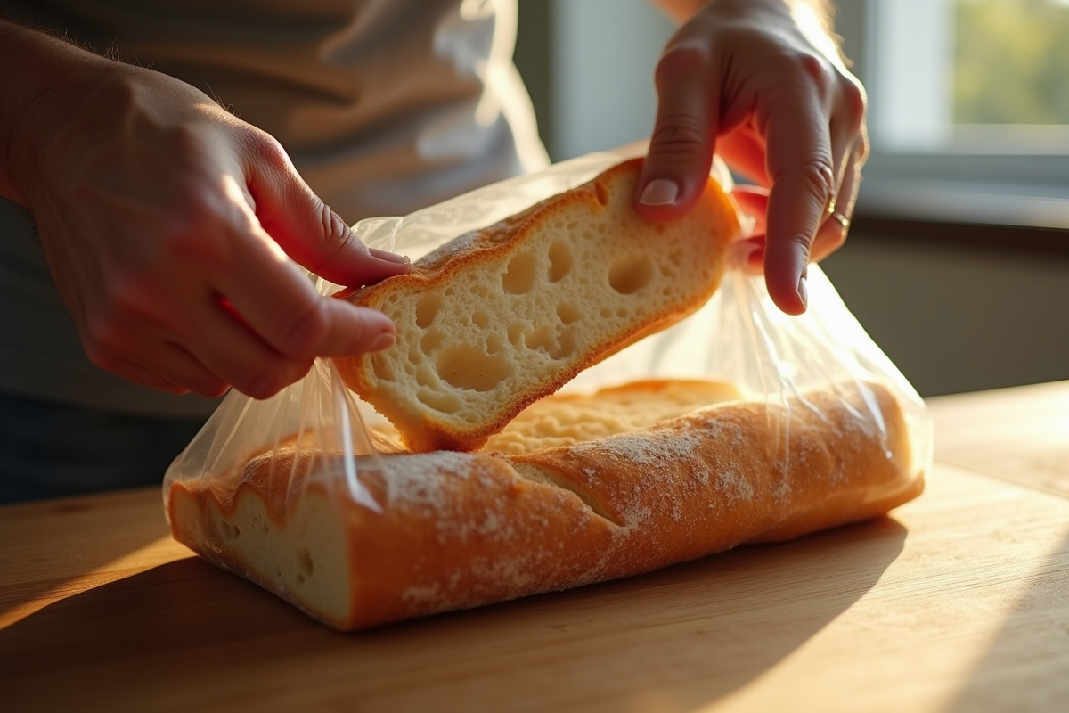 Main retirant une tranche de pain rustique du sac congélation