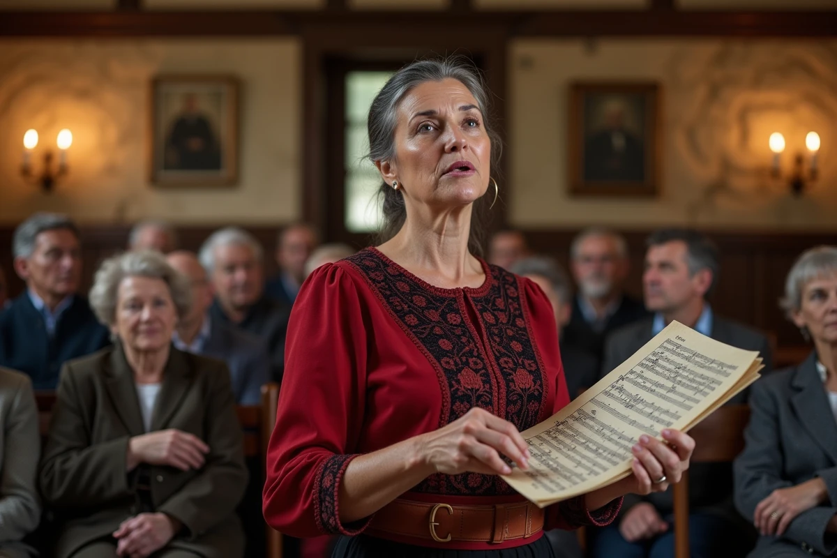 Une femme en costume alsacien traditionnel enseigne La Strasbourgeoise à un groupe d'adultes dans une salle communautaire historique de Strasbourg