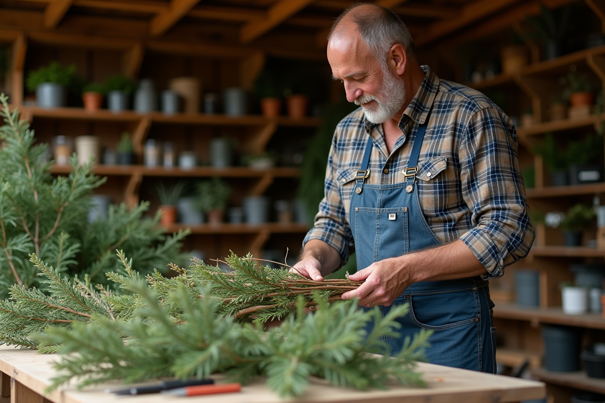 Homme triant des branches dans un atelier rustique