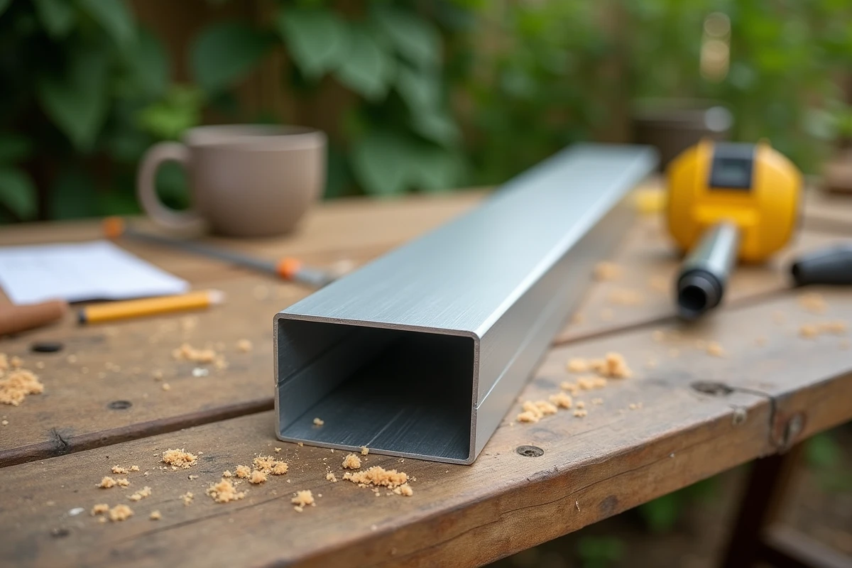 Tube rectangulaire en aluminium posé sur un établi extérieur pour un projet de bricolage, montrant la texture brossée et la résistance du métal
