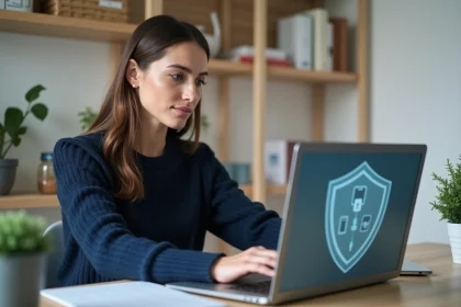 Femme utilisant Fusov en toute sécurité sur son ordinateur portable dans un bureau à domicile moderne