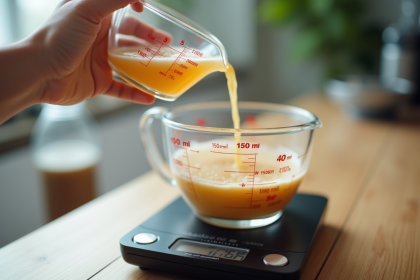 Verre mesureur versant dans un bol sur balance précise