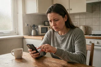 Femme hésitante regardant son téléphone à la table de cuisine, illustrant le dilemme d'une victime qui reprend contact malgré une mesure d'éloignement