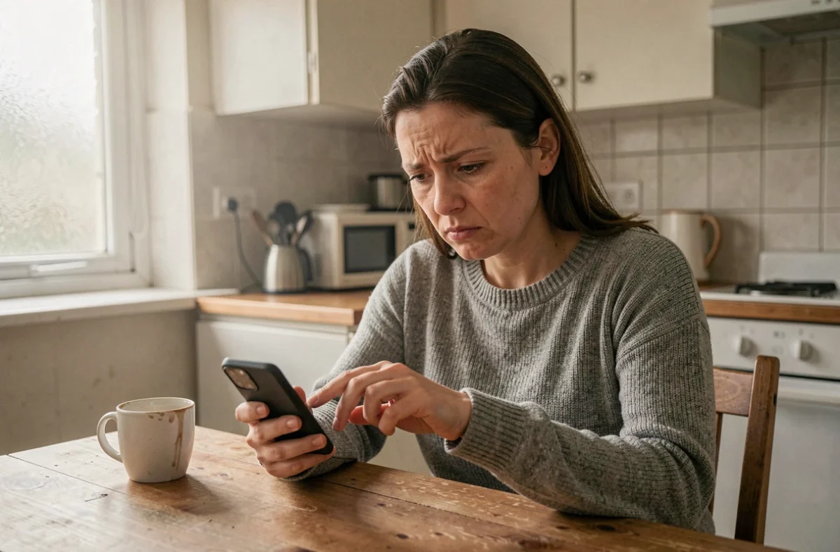 Femme hésitante regardant son téléphone à la table de cuisine, illustrant le dilemme d'une victime qui reprend contact malgré une mesure d'éloignement