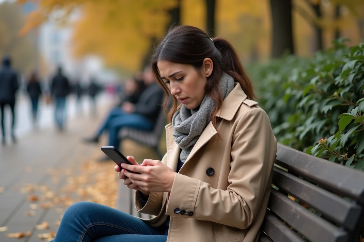 Femme perturbée par des messages goujats reçus sur les réseaux sociaux, assise sur un banc dans un parc urbain