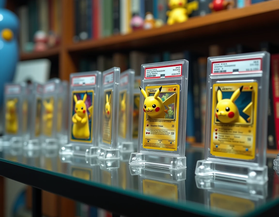 Vitrine de collection avec plusieurs cartes Pokémon gradées PSA dont un Pikachu ex Étincelles Déferlantes PSA 10 au centre