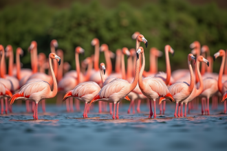 Grand groupe de flamants roses dans l'eau au lever du soleil