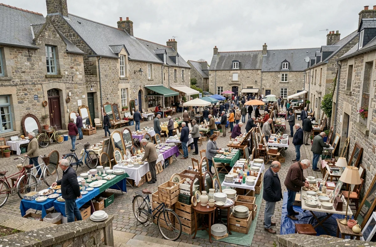 Vue d'ensemble d'un marché troc et puces du week-end sur une place de village du Morbihan en Bretagne